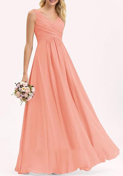 Coral A-line V-Neck Floor-Length Pleated Georgette Gown