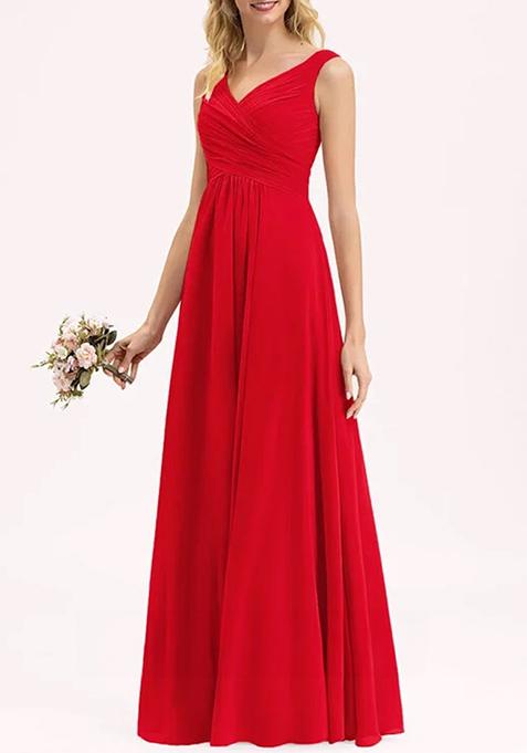 Red A-line V-Neck Floor-Length Pleated Georgette Gown