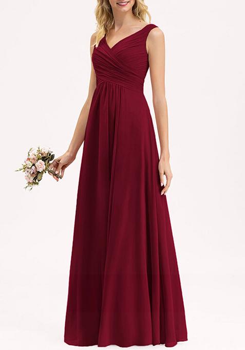 Burgundy A-line V-Neck Floor-Length Pleated Georgette Gown