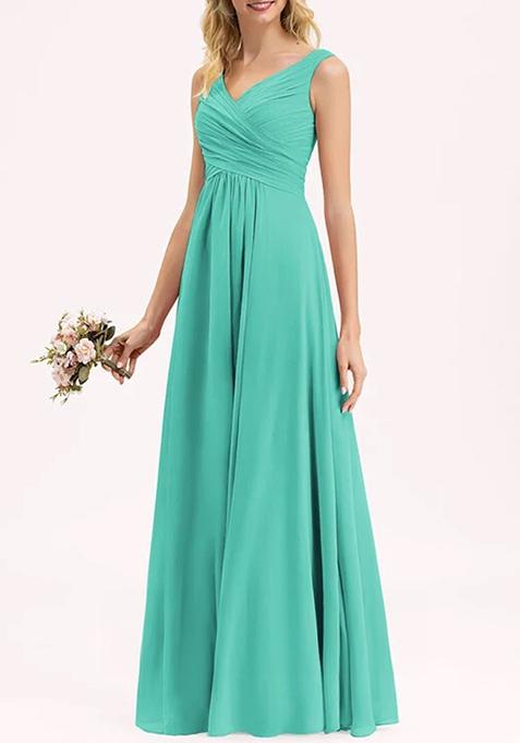 Spa Blue A-line V-Neck Floor-Length Pleated Georgette Gown