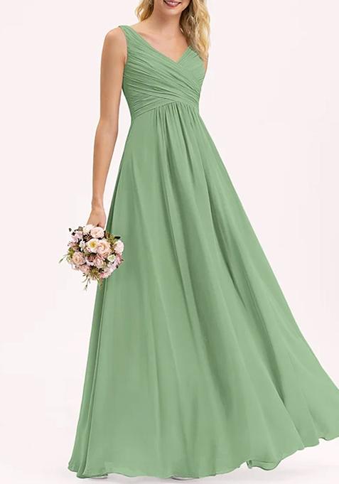 Basil Green A-line V-Neck Floor-Length Pleated Georgette Gown