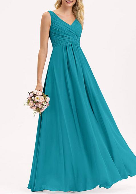 Blue A-line V-Neck Floor-Length Pleated Georgette Gown