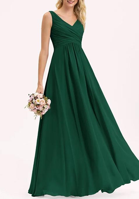 Dark Green A-line V-Neck Floor-Length Pleated Georgette Gown