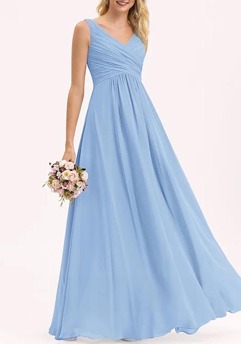 Light Blue A-line V-Neck Floor-Length Pleated Georgette Gown