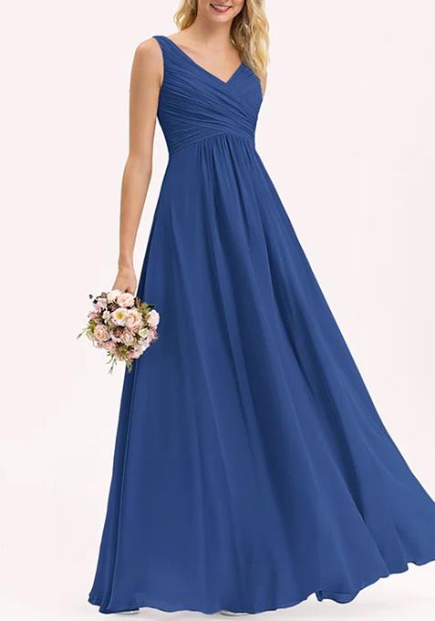 Royal Blue A-line V-Neck Floor-Length Pleated Georgette Gown