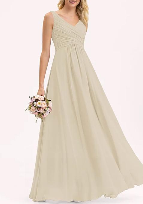 Sand Beige A-line V-Neck Floor-Length Pleated Georgette Gown