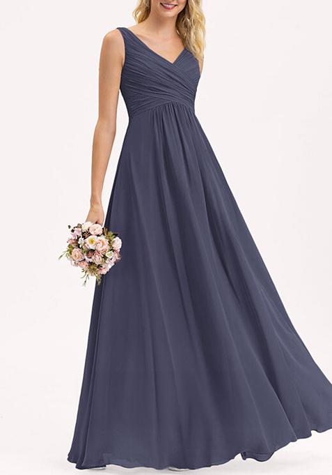 Stormy Grey A-line V-Neck Floor-Length Pleated Georgette Gown