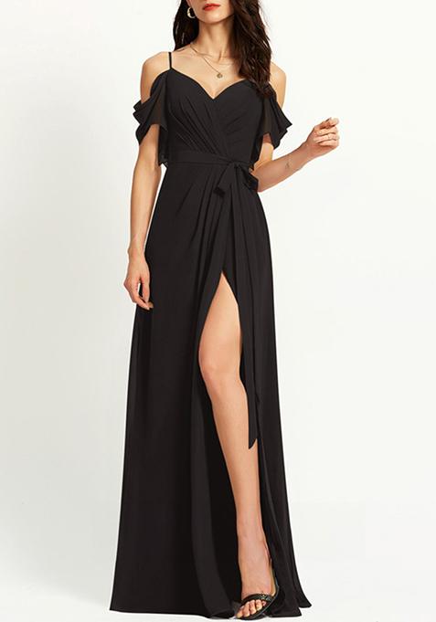 Black A-line V-Neck Floor-Length Ruffled Georgette Gown