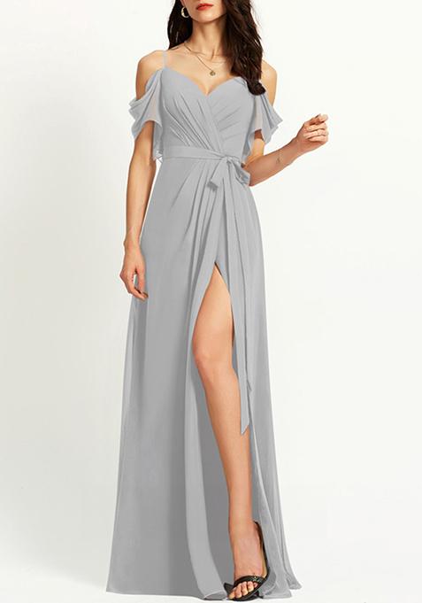 Silver A-line V-Neck Floor-Length Ruffled Georgette Gown