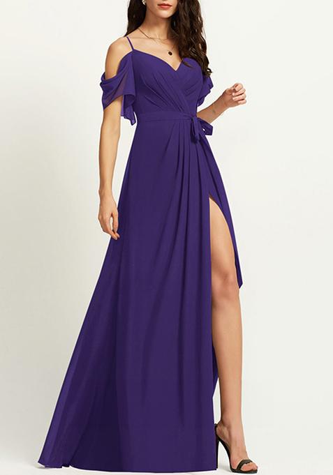 Purple A-line V-Neck Floor-Length Ruffled Georgette Gown