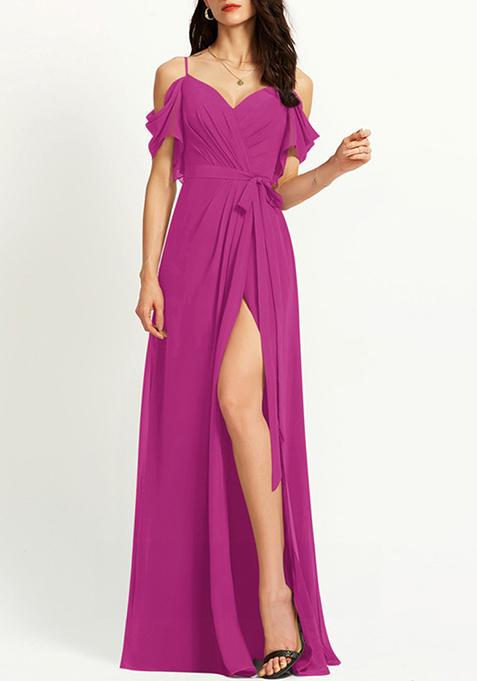 Fuchsia A-line V-Neck Floor-Length Ruffled Georgette Gown