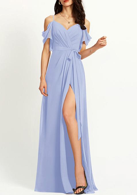 Lavender A-line V-Neck Floor-Length Ruffled Georgette Gown