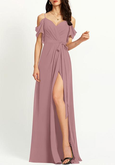 Mauve A-line V-Neck Floor-Length Ruffled Georgette Gown