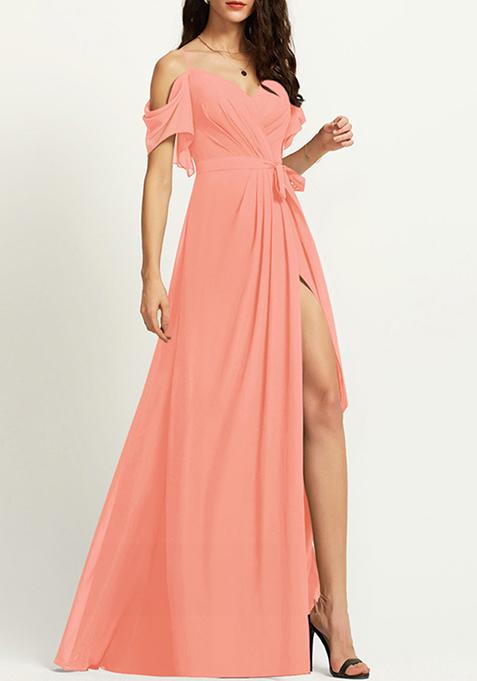 Coral A-line V-Neck Floor-Length Ruffled Georgette Gown