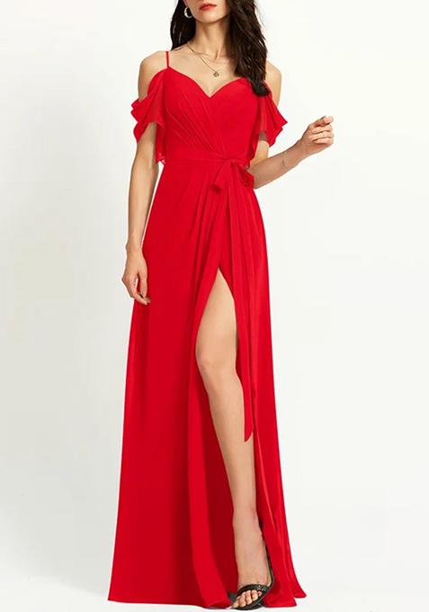 Red A-line V-Neck Floor-Length Ruffled Georgette Gown