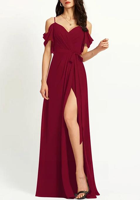 Burgundy A-line V-Neck Floor-Length Ruffled Georgette Gown