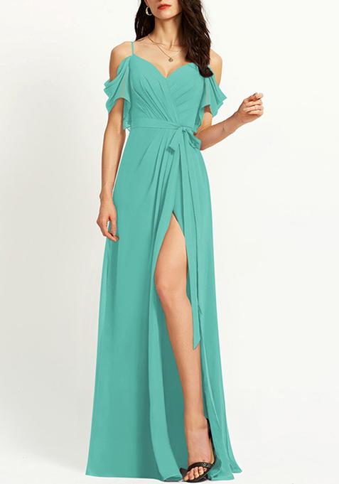 Spa Blue A-line V-Neck Floor-Length Ruffled Georgette Gown