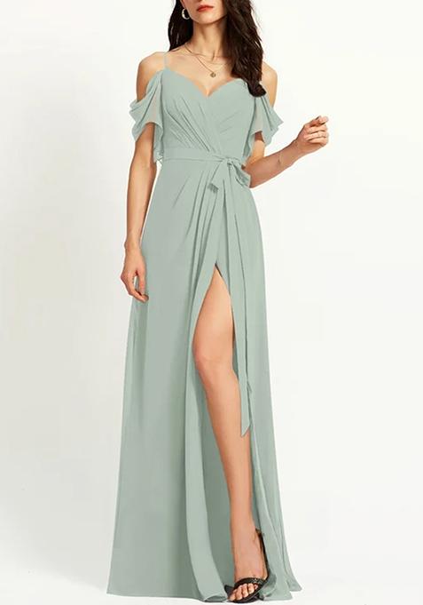 Green A-line V-Neck Floor-Length Ruffled Georgette Gown