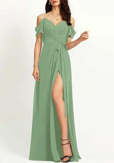 Basil Green A-line V-Neck Floor-Length Ruffled Georgette Gown