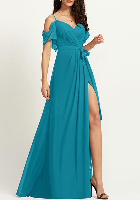 Blue A-line V-Neck Floor-Length Ruffled Georgette Gown