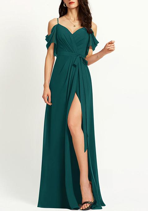 Dark Green A-line V-Neck Floor-Length Ruffled Georgette Gown