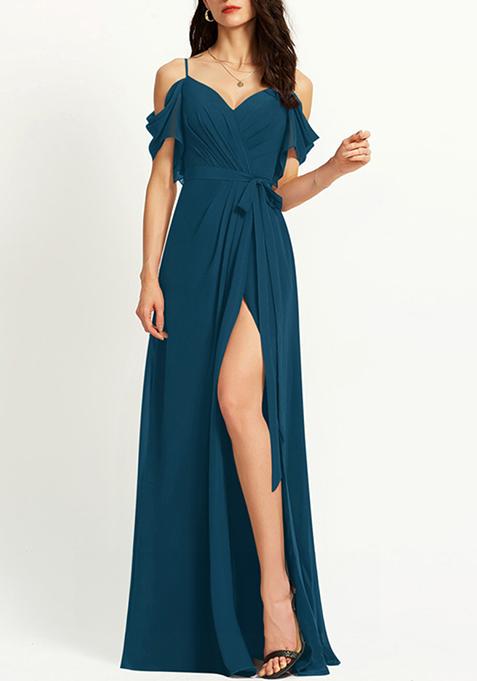 Royal Blue A-line V-Neck Floor-Length Ruffled Georgette Gown