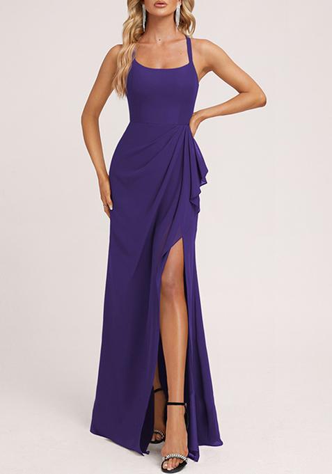 Purple Ruffled A-line Square Neck Chiffon Gown