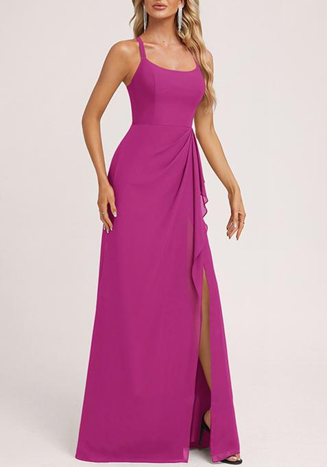 Fuchsia Ruffled A-line Square Neck Chiffon Gown