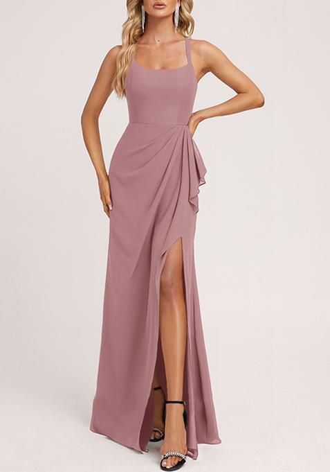 Mauve Ruffled A-line Square Neck Chiffon Gown