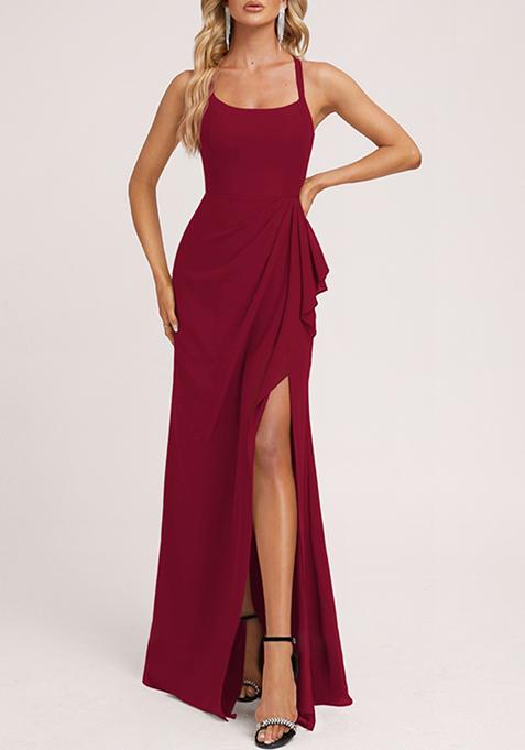 Burgundy Ruffled A-line Square Neck Chiffon Gown