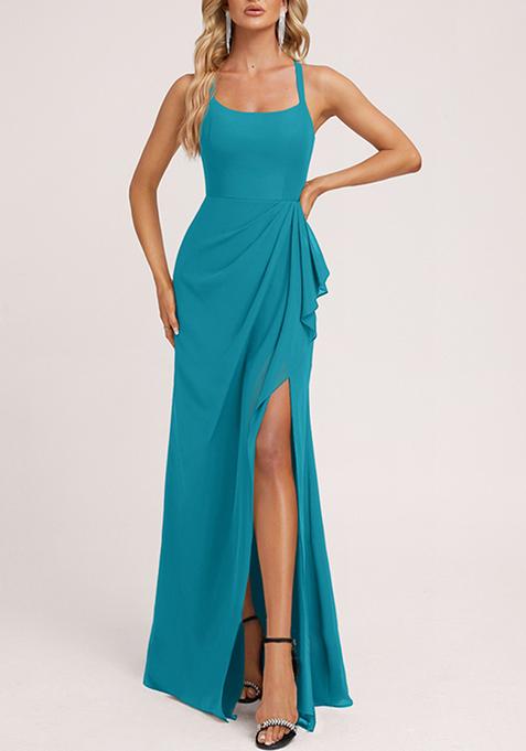 Jade Blue Ruffled A-line Square Neck Chiffon Gown