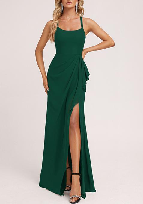 Dark Green Ruffled A-line Square Neck Chiffon Gown