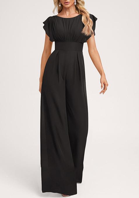 Black Ruffled Floor-Length Chiffon Jumpsuit