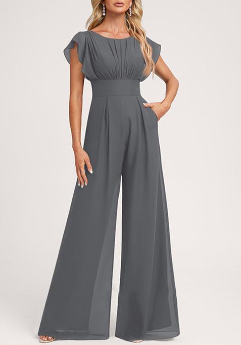 Steel Grey Ruffled Floor-Length Chiffon Jumpsuit