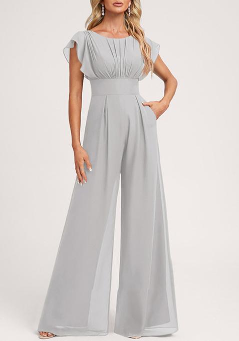 Silver Ruffled Floor-Length Chiffon Jumpsuit