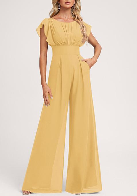 Gold Ruffled Floor-Length Chiffon Jumpsuit