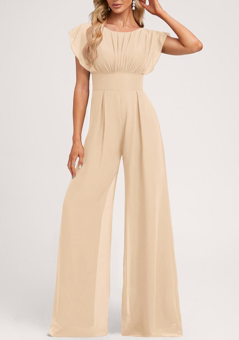 Beige Ruffled Floor-Length Chiffon Jumpsuit