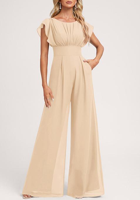 Beige Ruffled Floor-Length Chiffon Jumpsuit