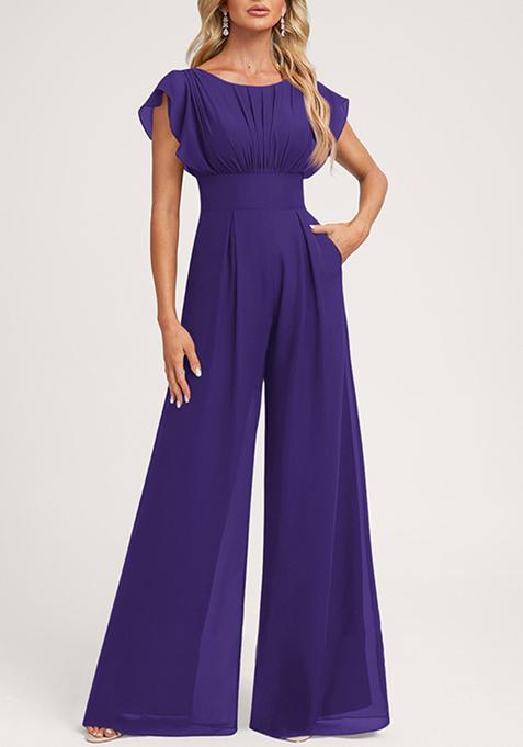 Purple Ruffled Floor-Length Chiffon Jumpsuit