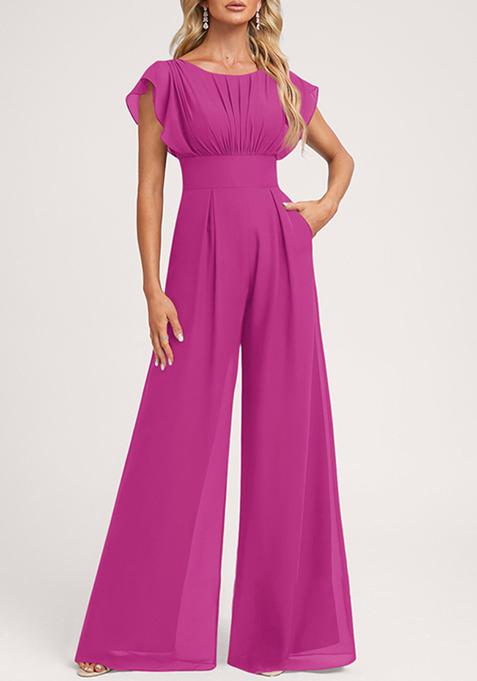 Fuchsia Ruffled Floor-Length Chiffon Jumpsuit