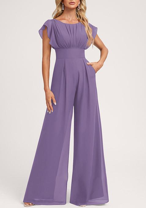 Purple Ruffled Floor-Length Chiffon Jumpsuit