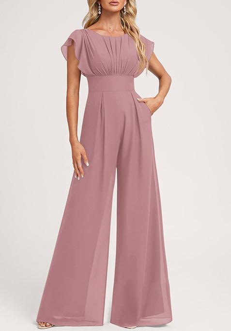 Mauve Ruffled Floor-Length Chiffon Jumpsuit