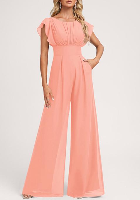 Coral Ruffled Floor-Length Chiffon Jumpsuit