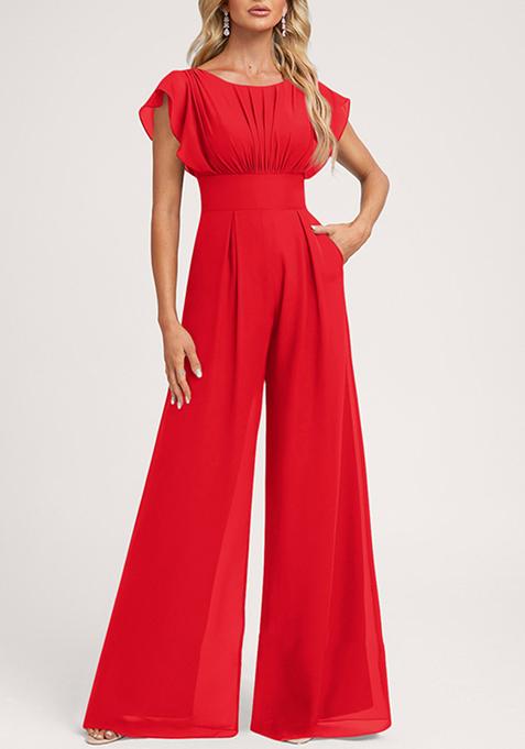 Red Ruffled Floor-Length Chiffon Jumpsuit