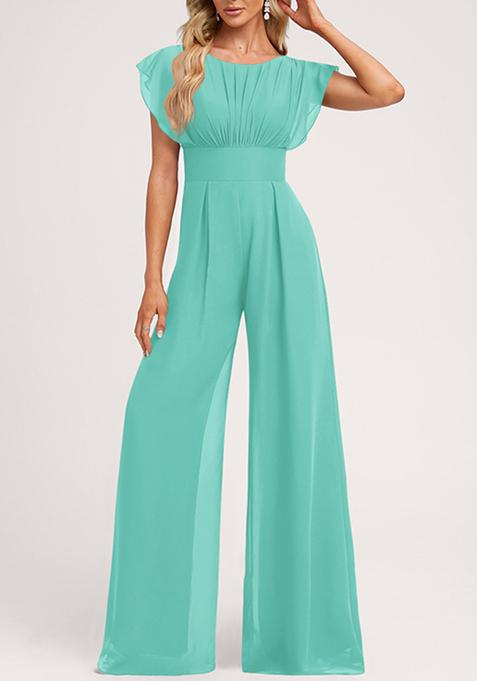 Aqua Blue Ruffled Floor-Length Chiffon Jumpsuit