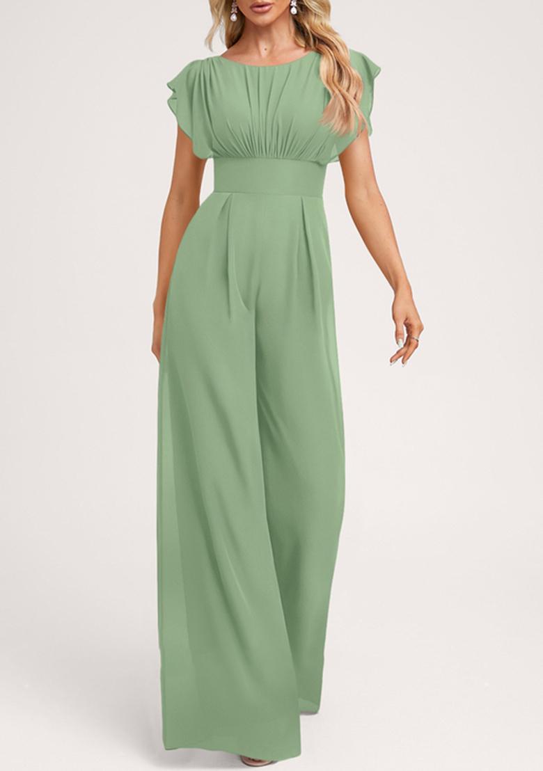 Green Ruffled Floor-Length Chiffon Jumpsuit