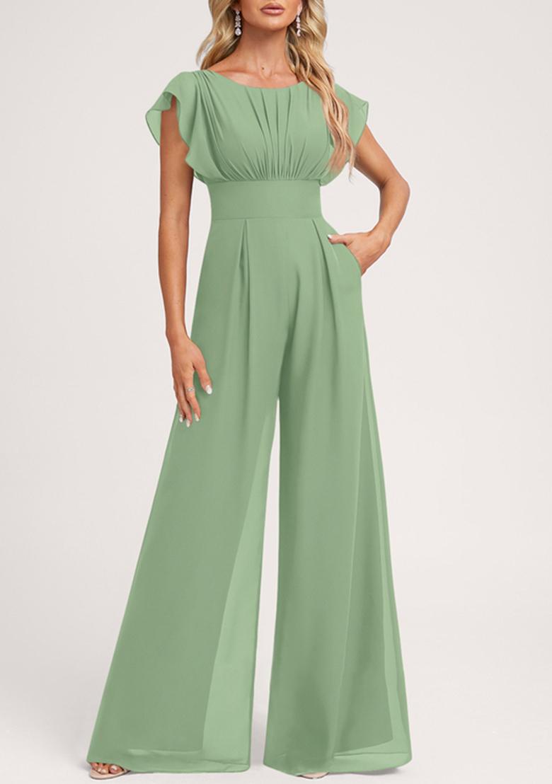 Green Ruffled Floor-Length Chiffon Jumpsuit