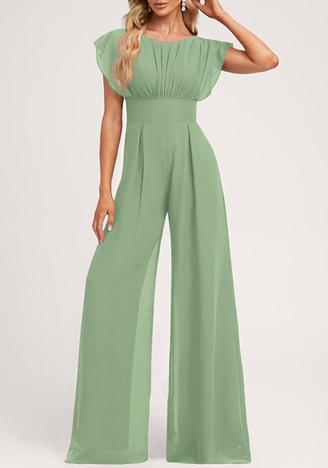 Green Ruffled Floor-Length Chiffon Jumpsuit