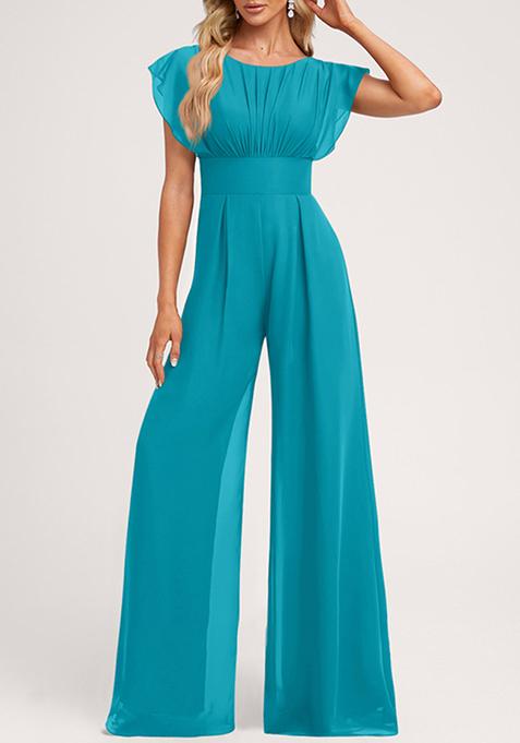 Jade Blue Ruffled Floor-Length Chiffon Jumpsuit