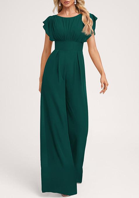 Emerald Green Ruffled Floor-Length Chiffon Jumpsuit